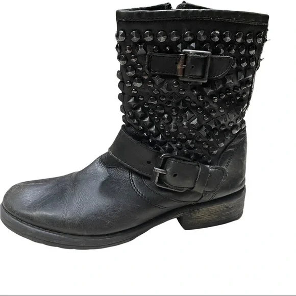 Steve Madden Leather Distressed Rugged Studded Buckle Moto Boots Size 8 - Picture 7 of 8